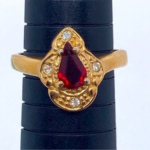 Gold Tone Roman Brand Ring Red and Clear Rhinestones
